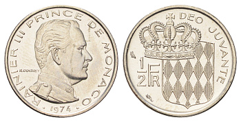 Монако 1/2 франка 1974 Ренье III (1949-2005), тираж 7.000 экземпляров KM 145 никель BU 4668-1135