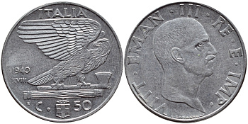 ИТАЛИЯ 50 ЧЕНТЕЗИМО 1940 R, ВИКТОР ИМАНУИЛ, XVIII ГОД KM 76b сталь 4398-1044