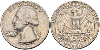 США 25 центов (квотер) 1973 D, Вашингтон KM 164a медь плакированная медно-никелем 4584-1024