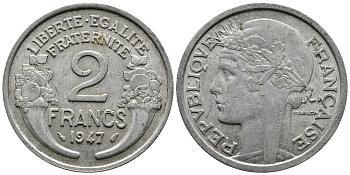 Франция 2 франка 1947 KM 886а.1 алюминий 83-1946