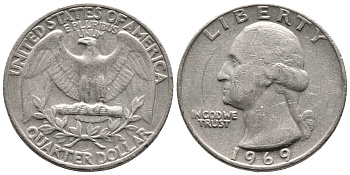 США 25 центов (квотер) 1969 Вашингтон KM 164а медь плакированная медно-никелем 4364-512