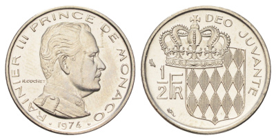 Монако 1/2 франка 1974 Ренье III (1949-2005), тираж 7.000 экземпляров KM 145 никель BU 4668-1135
