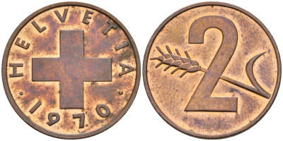 Швейцария 2 раппена 1970 KM 47 бронза UNC 4592-724