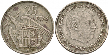 ИСПАНИЯ 25 ПЕСЕТ 1957 (66) ФРАНСИСКО ФРАНКО ДИКТАТОР ИСПАНИИ (1939-1975) KM 787 медно-никель 3853-117