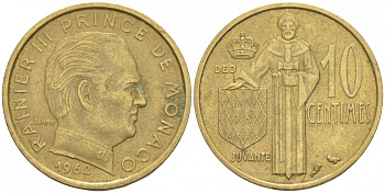 Монако 10 сантимов 1962 Ренье III (1949-2005) KM 142 алюминиевая бронза 73-144