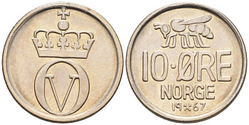 Норвегия 10 эре 1967 пчела, Улаф V (1958-1991) KM 411 медно-никель UNC 4580-963