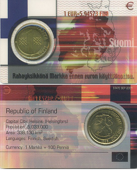 Финляндия 1 марка 1996 в запайке, герб KM 76 алюминиевая бронза UNC 7-4-61