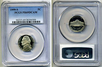 США 5 центов 1999 S, президент Джеферсон, в слабе PCGS PR69CAM KM А192 медно-никель PROOF 15-003-19