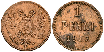Россия для Финляндии 1 пенни 1917 временное правительство (03.19817-10.1917), без короны KM 16, Биткин 5 медь 4580-1247