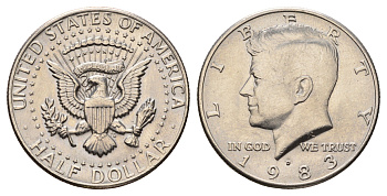 США 1/2 доллара (50 центов) 1983 D, Джон Кеннеди KM A202b медь плакированная медно-никелем UNC 4672-616