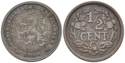 Нидерланды 1/2 цента 1916 Вильгельмина (1890-1948) KM 138 бронза 4547-1244