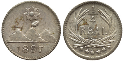 Гватемала 1/4 реала 1897 5 звезд, Испанское правление KM 162 серебро 112-1224