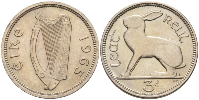 Ирландия 3 пенса 1965 заяц KM 12а медно-никель UNC 4580-931