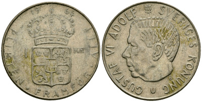 Швеция 1 крона 1964 U, Густав VI Адольф (1950-1973) KM 826 серебро 4177-1016