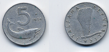 ИТАЛИЯ 5 ЛИР 1954 R, РУЛЬ, ДЕЛЬФИН KM 92 алюминий 62-2554