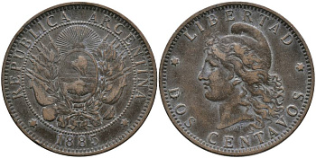 Аргентина 2 сентаво 1885 голова свободы влево KM 8 бронза 4531-532