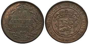 ЛЮКСЕМБУРГ 10 САНТИМОВ 1860 А, ГЕРЦОГ ВИЛЛЕМ III НИДЕРЛАНДСКИЙ (1849-1890), МОНДВОР ПАРИЖ КМ 23.2 бронза 4536-432