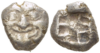Древняя Греция, Мизия пентобол (?) V в. до н.э. Парион, голова Горгоны Медузы/инкузные углубления, 2,68 гр SNG.Cop.256v серебро 1073-11-54