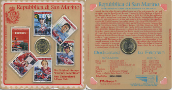 САН-МАРИНО ОФИЦИАЛЬНЫЙ НАБОР ИЗ 1 ЕВРО И ШЕСТИ МАРОК 2002 ФЕРРАРИ КОЛЛЕКЦИЯ, FERRARI, В ПЛАСТИКОВОЙ ЗАПАЙКЕ UNC 1-4-2-23