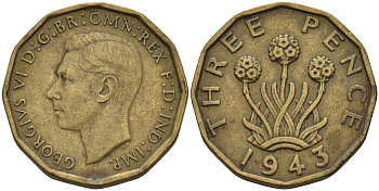 Великобритания 3 пенса 1943 Георг VI (1936-1952) KM 849, Spink 4112 никель латунь  4603-156