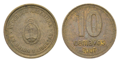 Аргентина 10 сентаво 2007 KM 107a сталь плакированная латунью 4664-611