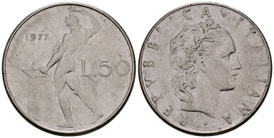 Италия 50 лир 1977 KM 95.1 нержавеющая сталь 4176-243