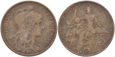 ФРАНЦИЯ 5 САНТИМОВ 1910 ТИП ДАНИЭЛЬ ДЮПЮИ KM 842, LE FRANC 119.22 бронза 108-922