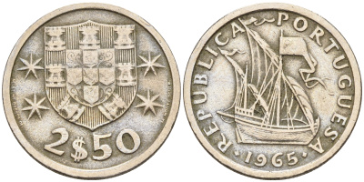 Португалия 2,5 эскудо 1965 парусник KM 590 медно-никель    4160-1169