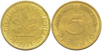 ФРГ 5 ПФЕННИГОВ 1981 F KM 107, J. 382 сталь плакированная латунью 3996-1156