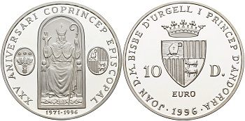 Андорра 10 динеров 1996 25 лет соправления  Жоана Марти-и-Аланиса, ECU KM 125 серебро PROOF 1095-1-34