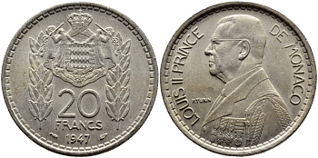 Монако 20 франков 1947 Луи II (1922-1949) KM 124 медно-никель 4389-1241