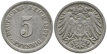 ГЕРМАНИЯ 5 ПФЕННИГОВ 1897 D KM 11, J. 12 медно-никель 39-723