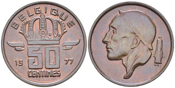 БЕЛЬГИЯ 50 САНТИМОВ 1977 BELGIQUE, БОДУЭН I (1951-1993) KM 148.1 бронза 214-464