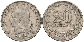 Аргентина 20 сентаво 1942 голова свободы влево KM 36, CJ 89, Schon 39 медно-никель    60-921
