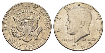 США 1/2 доллара (50 центов) 1983 D, Джон Кеннеди KM A202b медь плакированная медно-никелем aUNC 180-636