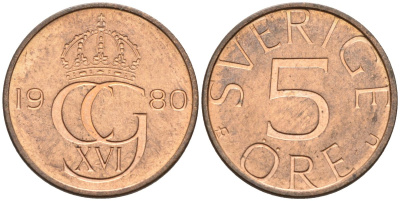 Швеция 5 эре 1980 Карл XVI Густав (1973- ) KM 849 бронза UNC 4585-341