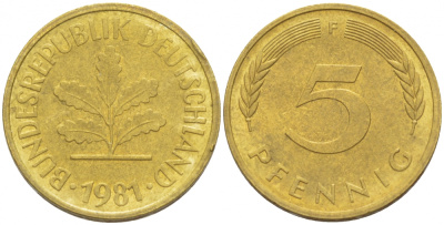 ФРГ 5 ПФЕННИГОВ 1981 F KM 107, J. 382 сталь плакированная латунью 3996-1156