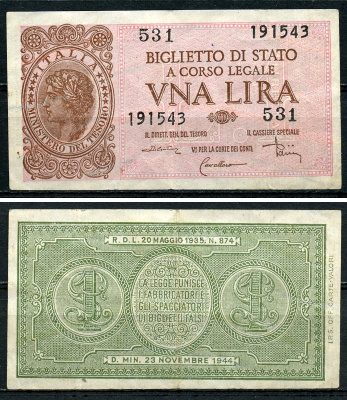 Италия 1 лира 1944 подписи Di Cristina, Cavallaro, Parisi Pick 29 c, Grapanzano BS 8  бумага  aUNC 8614-7-4-1
