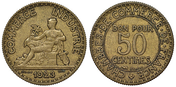 Франция 50 сантимов 1923 тип Chambres de Commerce KM 884, Le Franc 191.6 алюминиевая бронза 4124-339