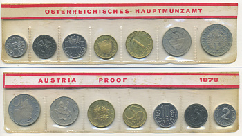 Австрия набор из 7 монет  1979  2, 5, 10, 50 грошей, 1, 5, 10 шиллингов, в целлофане KM PS 39 PROOF 4400-5-3