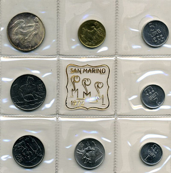 Сан-Марино годовой набор из 8 монет 1972 1, 2, 5, 10, 20, 50, 100 и 500 лир мать поднимает ребенка в воздух KM 14-21, в оригинальной пластиковой запайке серебро KM MS1 серебро UNC 7-5-1-9