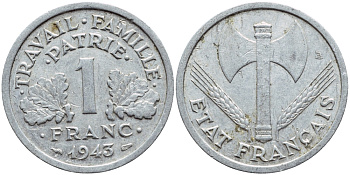 ФРАНЦИЯ 1 ФРАНК 1943 LB, ТИП LEGERE, ПРАВИТЕЛЬСТВО ВИШИ KM 902.1, LE FRANC 223.3 алюминий 93-1124
