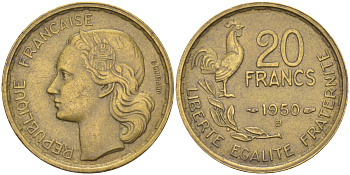 Франция 20 франков 1950 В, 4 пера KM 917.2, LE FRANC 402.4 алюминиевая бронза 4610-741