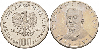 ПОЛЬША 100 ЗЛОТЫХ 1984 MW, ВИНСЕНТ ВИТОС (1874-1945) KM 148 медно-никель UNC 69-932