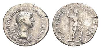 Римская Империя денарий 114-117 Траян, IMP CAES NER TRAIAN OPTIM AVG GER DAC, бюст императора/P M TR P COS VI P P S P Q R, Виртус, персонификация воинской доблести, Рим RIC 355 серебро 1073-1-81