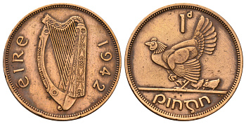 Ирландия 1 пенни 1942 курица с цыплятами KM 11 бронза 4512-941