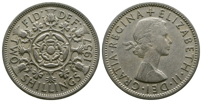 Великобритания 2 шиллинга (флорин) 1957 Елизавета II (1952-2022) KM 906, Spink 4146 медно-никель 4382-124
