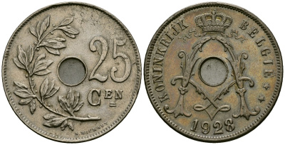 Бельгия 25 сантимов 1928 Belgie KM 69 медно-никель 4131-624