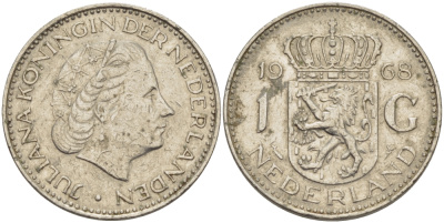 Нидерланды 1 гульден 1968 Юлиана (1948-1980) KM 184a никель 65-723
