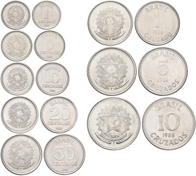 Бразилия набор из 8 монет (1, 5, 10, 20 и 50 сентаво; 1, 5 и 10 крузадо) 1986-1988 KM 600, 601, 602, 603, 604, 605 и 606 нержавеющая сталь UNC 4666-1151-1155